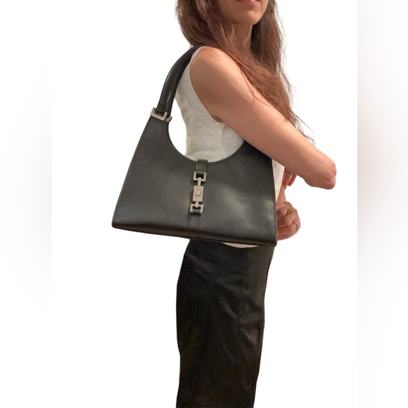 Gucci Handbags - Gucci Black Leather Shoulder Bag with Silver Hardware